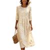 Abito midi vintage bohémien da donna con stampa floreale e scollo rotondo per un uso casual quotidiano