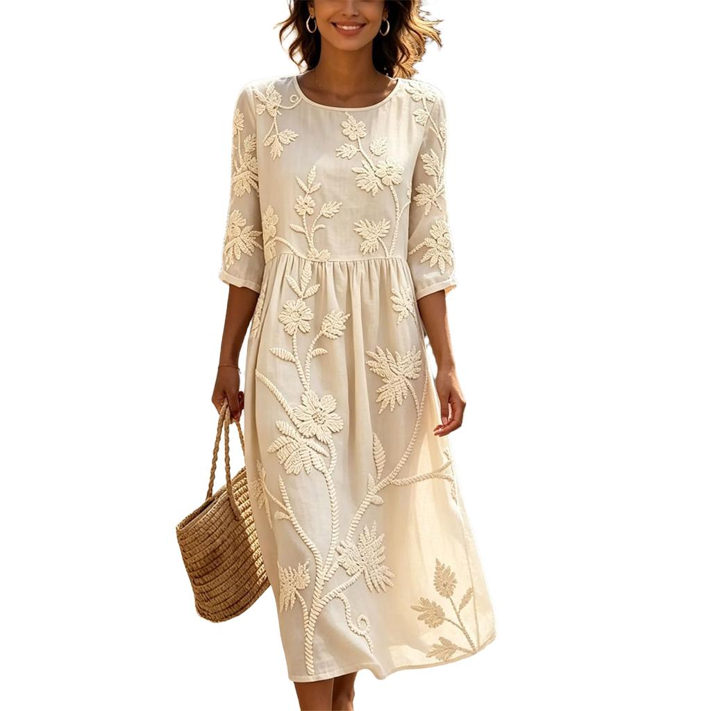 Abito midi vintage bohémien da donna con stampa floreale e scollo rotondo per un uso casual quotidiano