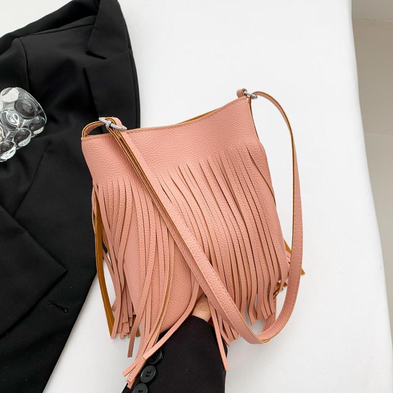 Vintage Style Bucket Bag For Women With Trendy Fringes And Casual Design In Black Gray Brown Pink And White