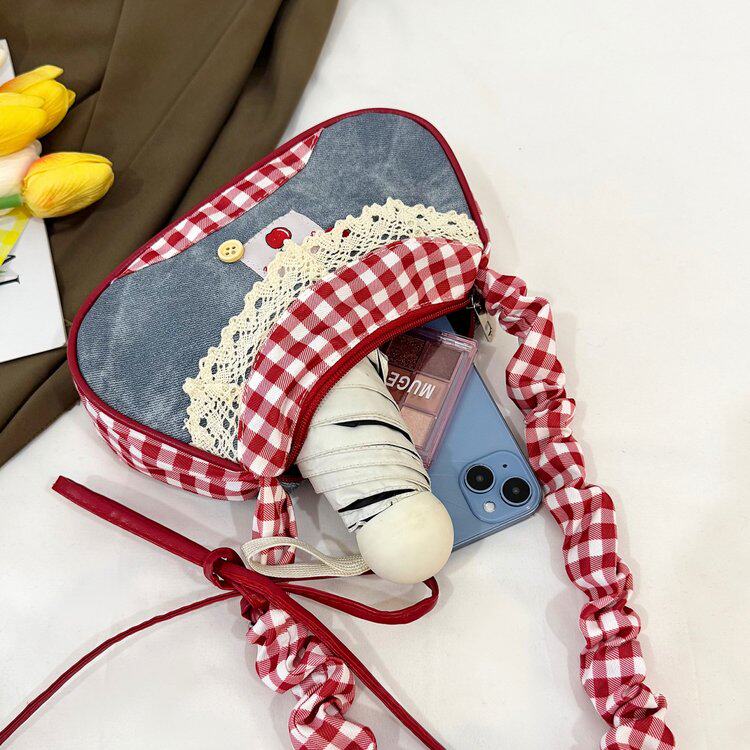 Borsa a mano coreana a blocchi di colore Borsa a tracolla in denim a quadri rossi e patchwork Borsa a tracolla in pizzo Y2k Borsa quadrata piccola con cerniera da ragazza dolce