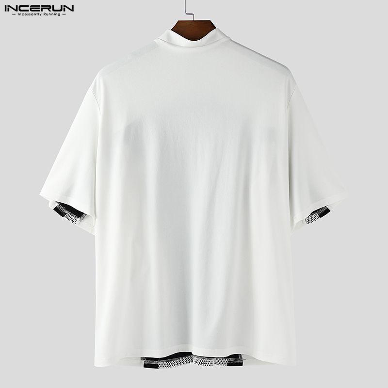 INCERUN Men T-Shirts V Collar Short Sleeve Netyarn Patchwork Casual Tops