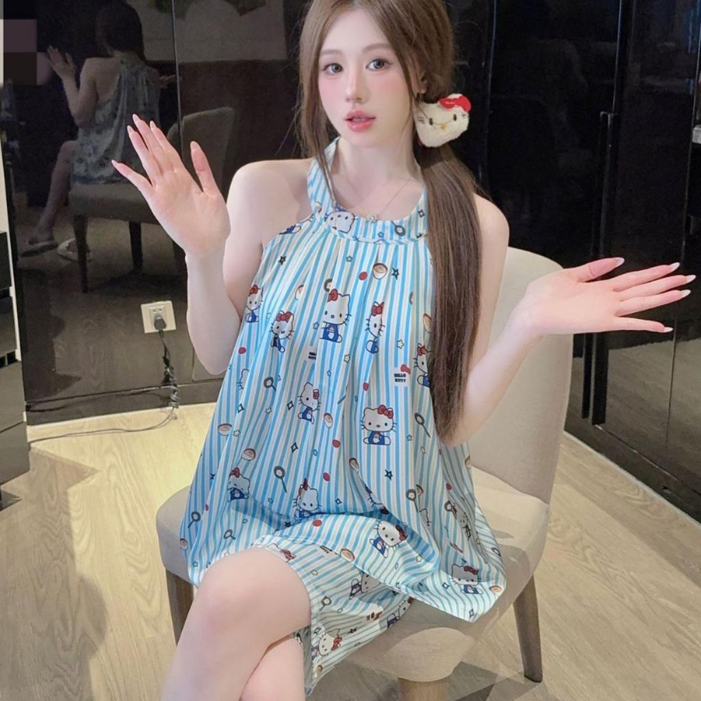 Popular summer new neck sleeveless loungewear cartoon butterfly can wear ice silk pajamas women