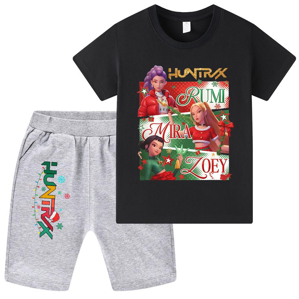 WA1264 Kids Boys Girls Kpop Rumi Zoey Mira Christmas Print Short Sleeves T-shirt Shorts Pants Sets