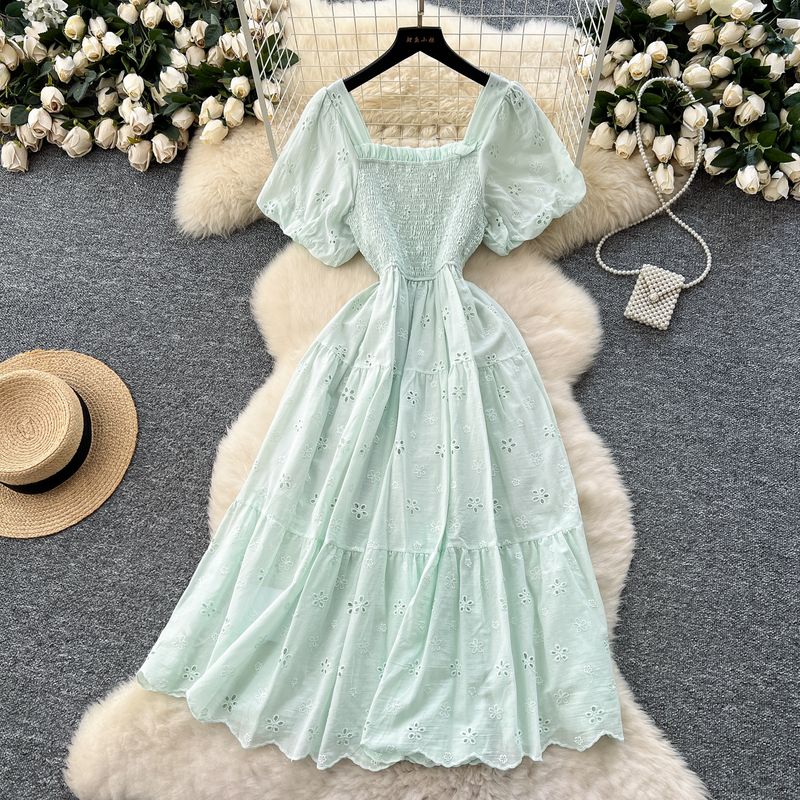 French style Gentle Chic Square Collar Puff sleeve Hollow Embroidery Dress Women Summer Waist Hugging Slimming A Word First Love Skirt
