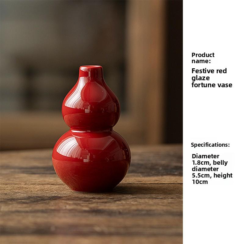 Chinese Red Ceramic Gourd Vase Small Home Decor Lucky Fortune Table Ornament
