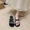 2025 summer new thick heel one-word cool slippers fairy style with skirt sandals wear rhinestone round head cool slippers