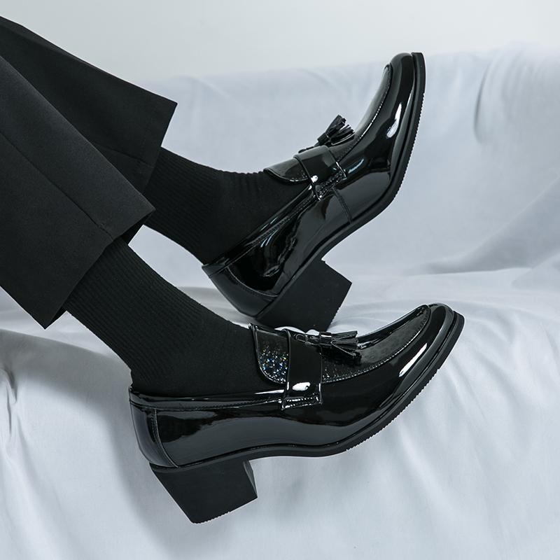 Fashion 2025 Men's Dress Shoes Slip-on Elevator Platform Heels Snake Skin Texture Tassel Buckle Black Silver Business Formal 38-46