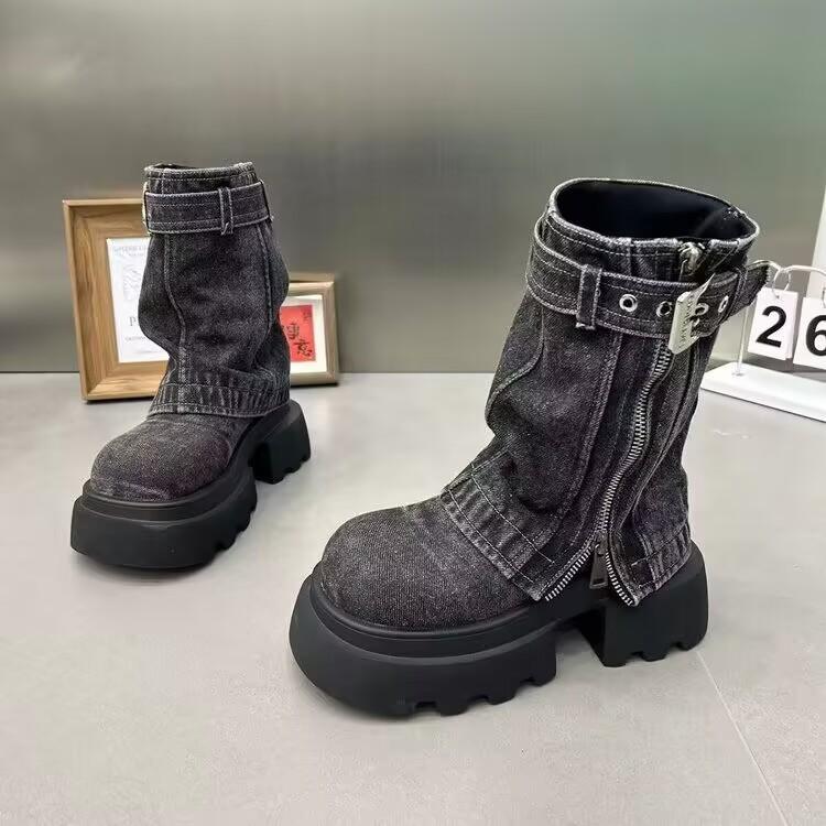 Fashion British style thick-soled medium tube Martin boots for women's autumn models, new niche personality fried street cloth boots for women