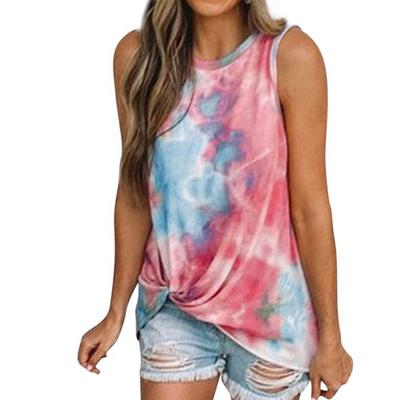 Women Tie Dyed Printed Twisted Hem Crew Neck Sleeveless Tank Top