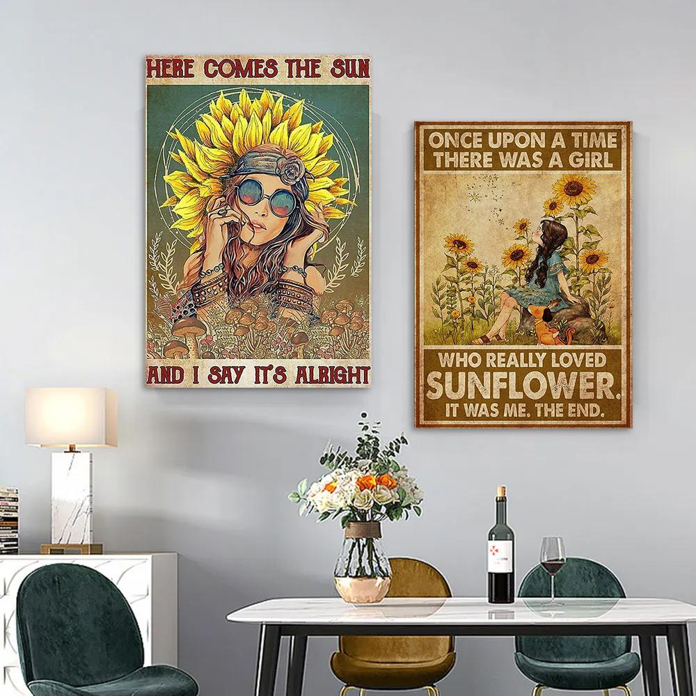 Retro Art Abstract Figure Sunflower Girl Posters Prints Fashion Slogan Canvas Painting Wall Picture for Living Room Home Decor