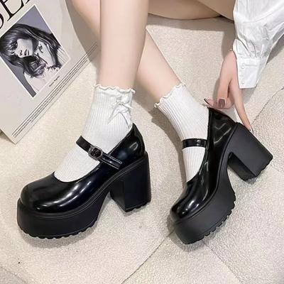 Nouvelle Mode Talon Carré Chaussures en Cuir à Boucle Monopièce Semelle Épaisse Rétro Mary Jane Talons Hauts