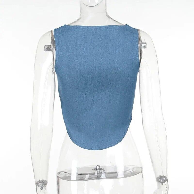 Vintage Blue Denim Hollow Out Sexy Tank Top For Women Fashion Sleeveless Crop Tops Woman Chic Buckle Slim Fit Corset Tanks 30726