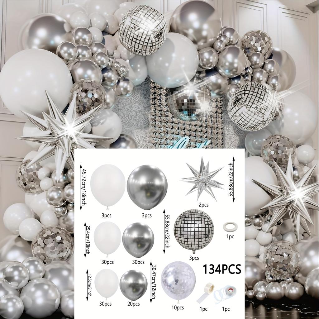 134Pcs Silvery White Balloon Set Explosion Star Disco Aluminum Foil Arch For Birthday Party Party Wedding Decoration