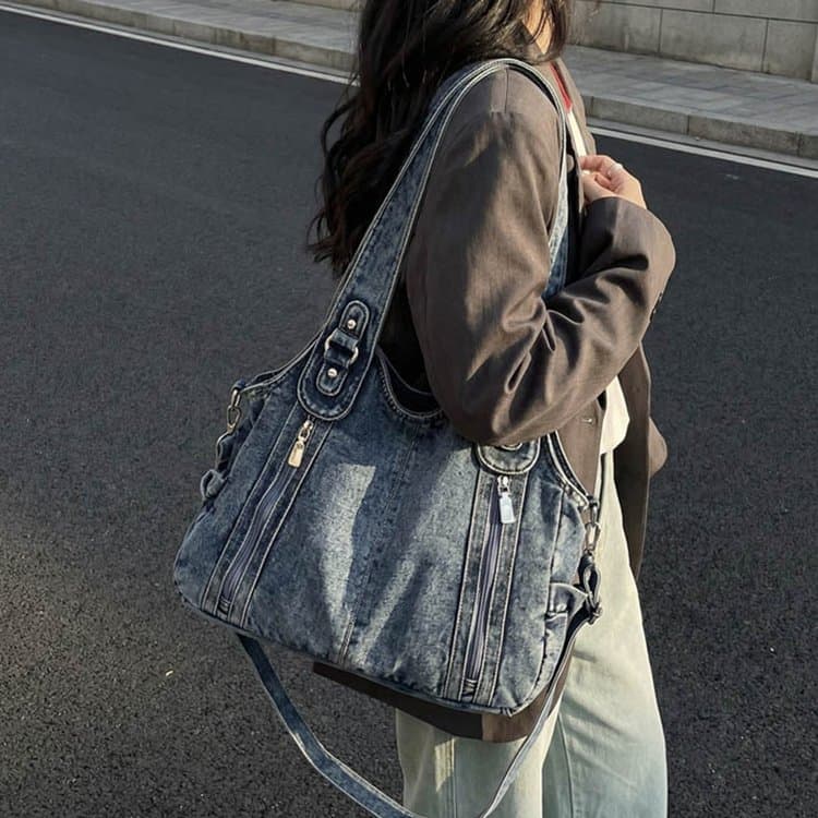 Vintage multi-zipper denim bag women's shoulder messenger bag