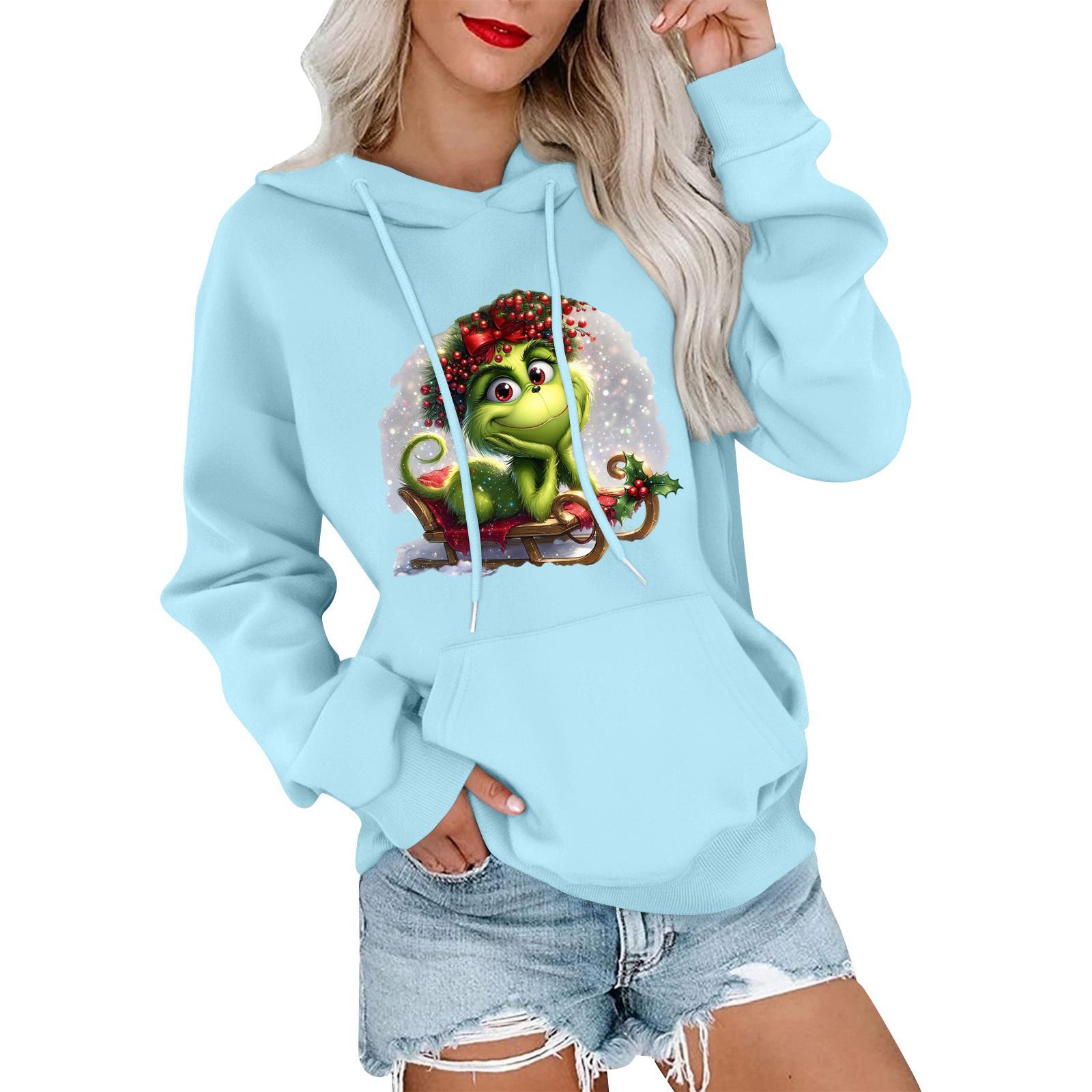 

Женский повседневный удобный свитшот с капюшоном, длинным рукавом и рождественским принтом XL небесно-голубой