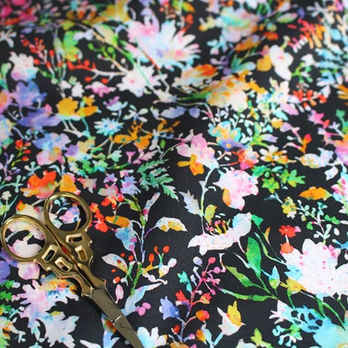 Geometric Floral and Botanical Sheeting Made in Size 22B 110cm x nora. FR1054-C Watercolor-Inspired Fabric, Cotton, Japan, Pre-Cut, (Black, 100cm)