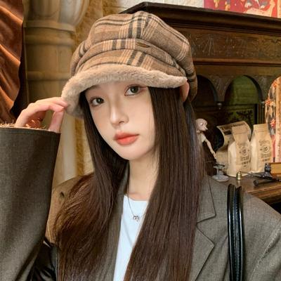 Autumn and Winter Retro Beret Plaid Plush Warm Plush Versatile Thickened Octagonal Hat Duck Tongue Painter Hat