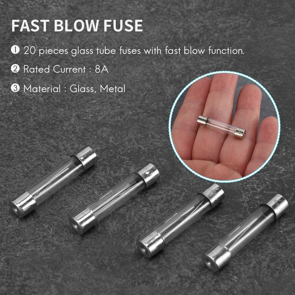 BHBL 20pcs Fast Blow Glass Tube Fuse 8A 8 Amps 250V 6mm x 30mm