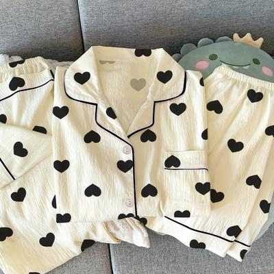 Sweet And Cool Black Love Wrinkled Cloth High-End Pajamas Women'S Casual Loungewear Short-Sleeved Three-Piece Set