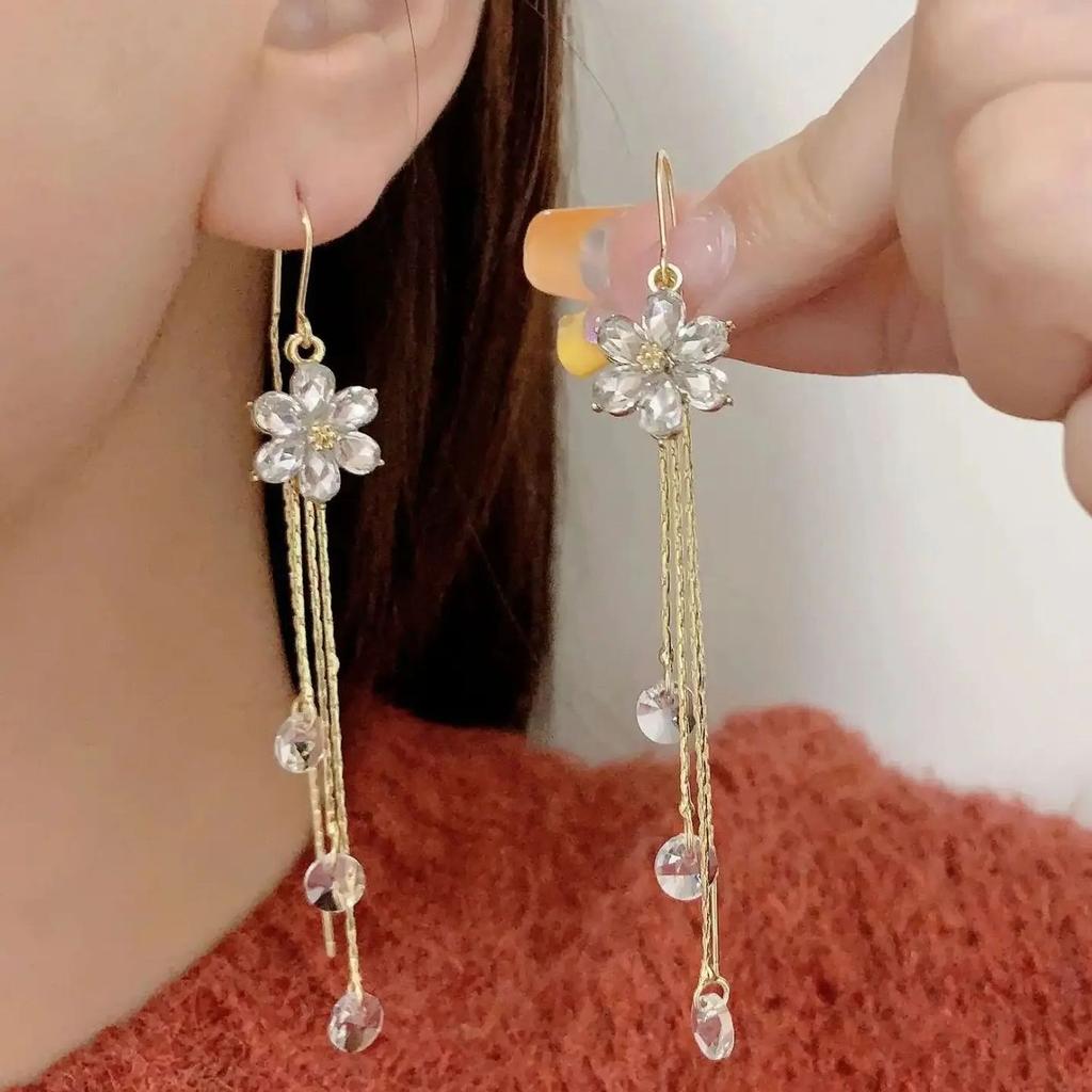 Luxury Crystal Zircon Flower Tassel Drop Earrings for Women Exquisite Shiny Zircon Snowflake Long Earring Wedding Party Zircon