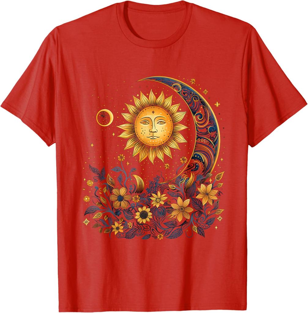 Mystic Sun and Moon Floral Graphic T-Shirt Men Casual Print O-Neck Breathable Trip Tee