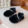 Children's Furry Shoes, Girls' Cotton Shoes, New Autumn and Winter Non-slip Soft-soled Outdoor Shoes with Pearl Bows, Warm Shoes