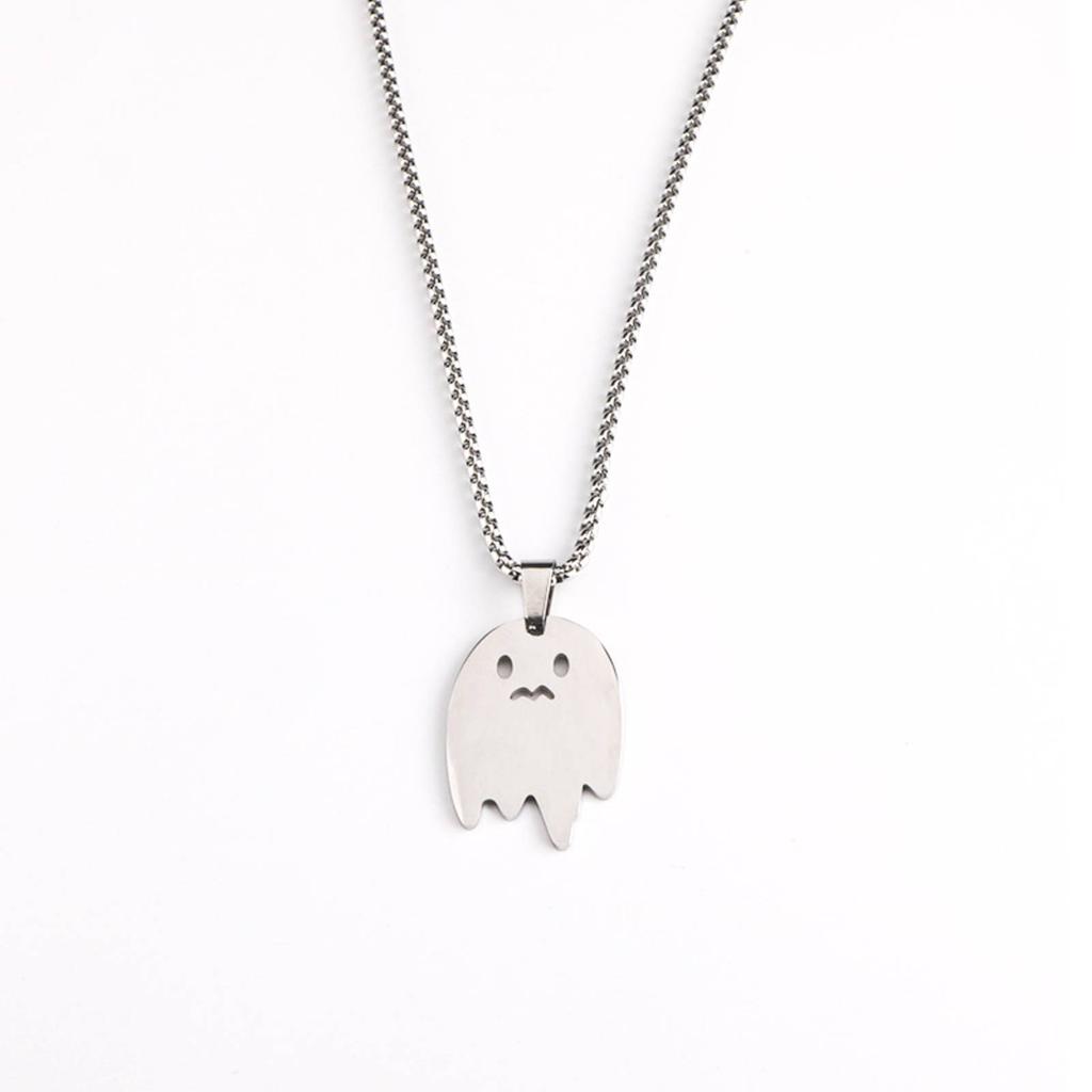 Sad Ghost Pendant Necklace for Women Men Stainless Steel Jewelry Halloween Child's Gift
