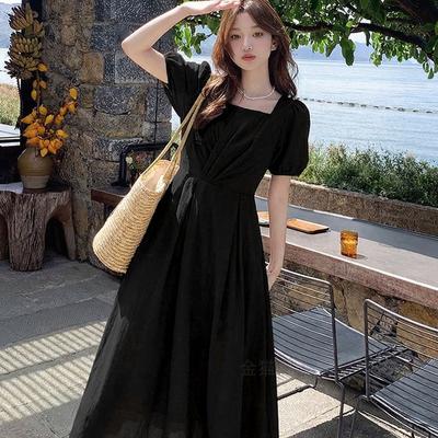 Black French Pleated Dress Women's Summer New Square Collar Temperament A Word Waist Thin High-end Dress