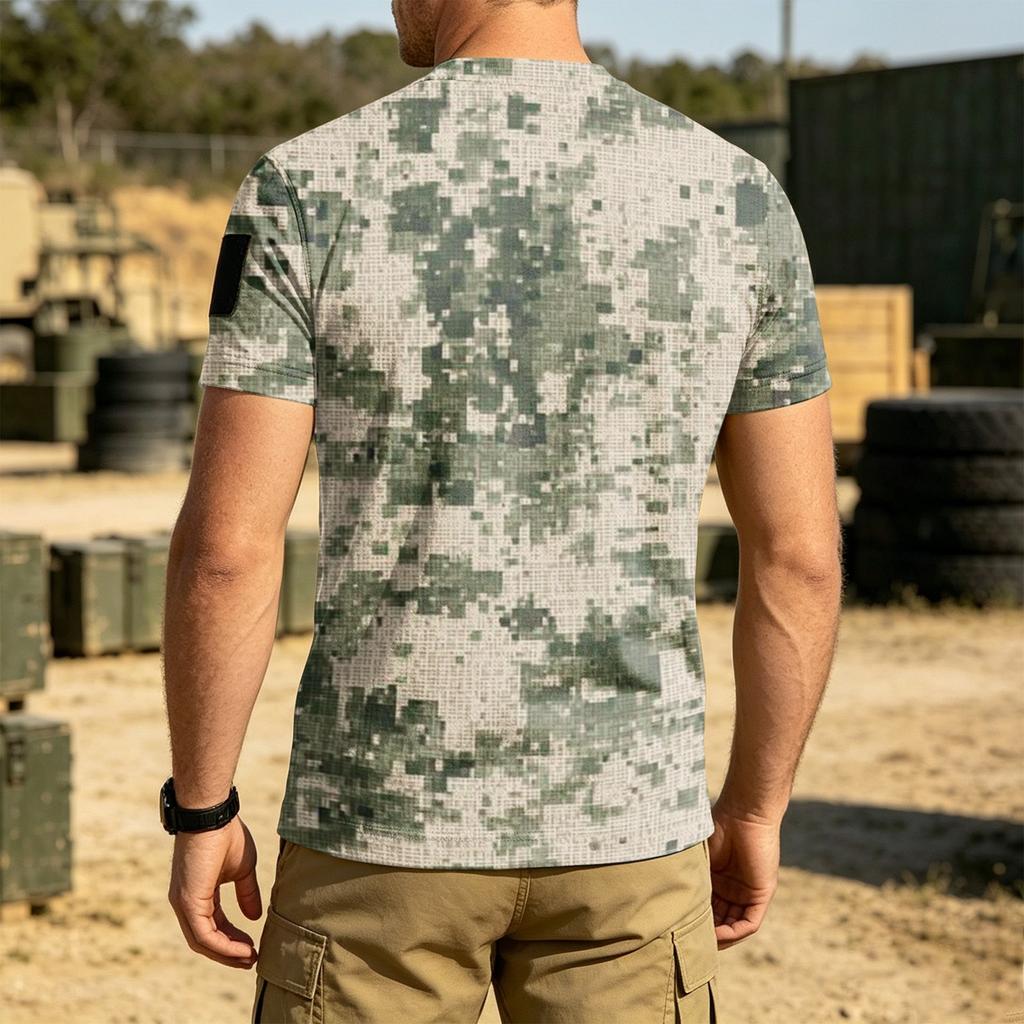 Men's Tactical Outdoor Quick Dry T Shirt Loose Fit Breathable Round Neck Short Sleeve Camouflage Print with Hook and Loop Patch Area