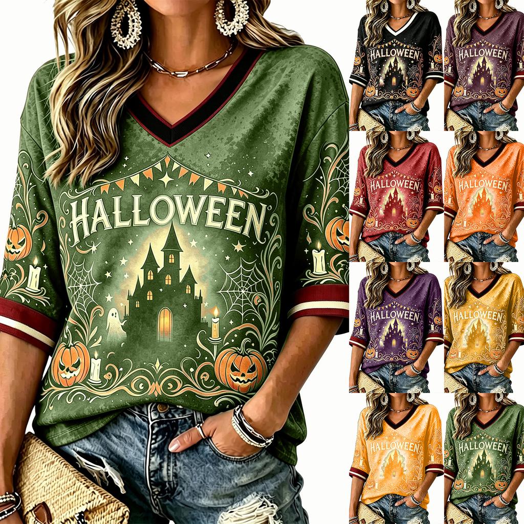 Women's Halloween Printed V-Neck Short Sleeve T-Shirt Casual Top