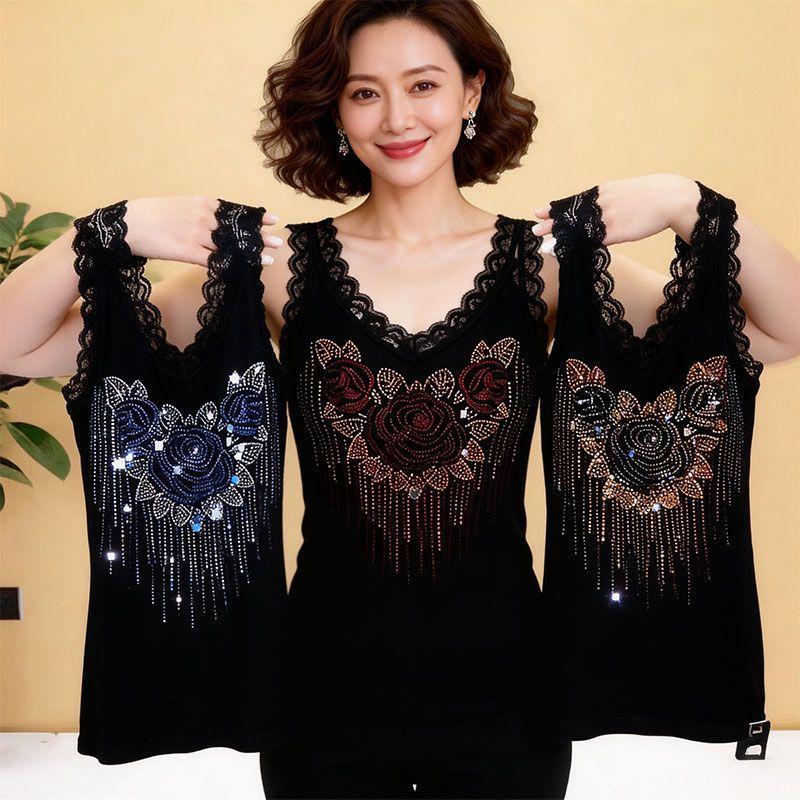 Women's Summer Rhinestone Lace Camisole - Loose Fit, Sleeveless Plus Size Tank