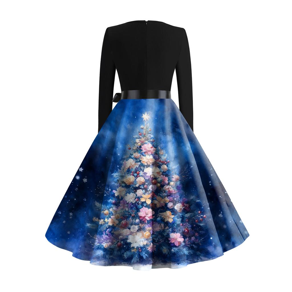 Dámské módní kulaté ležérní slim fit šaty s vánočním potiskem, velké kolové, s dlouhým rukávem