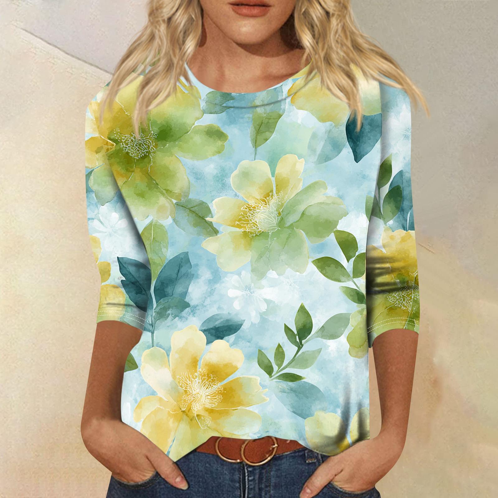 

Women’s Casual Crew Neck Three Quarter Sleeve Floral Print T Shirt Top for Spring and Summer Relaxed Fit Comfortable Style S жёлтый
