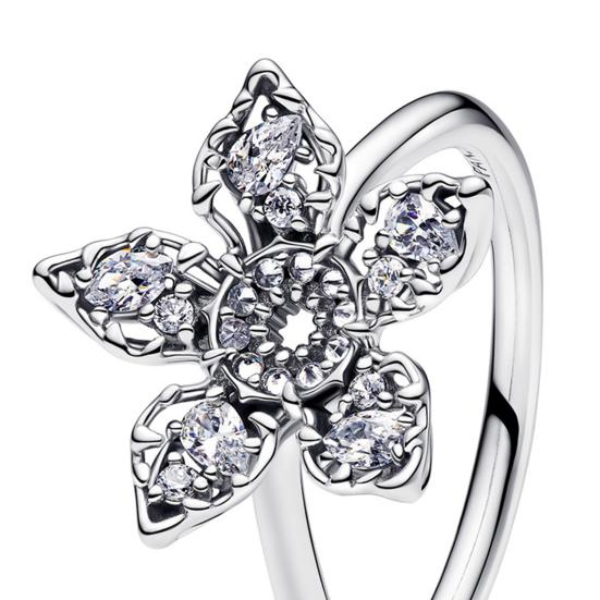 Women Ring Sparkling Rhinestones Inlaid 3D Flower Decor Copper Polished Ring Anniversaries Birthdays Valentine Day Jewelry Gift