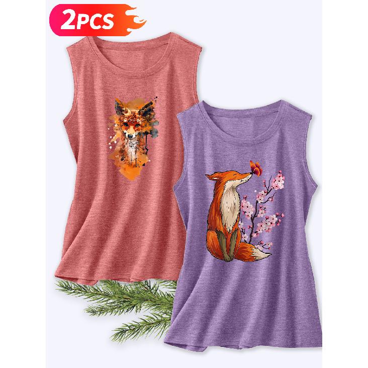 Follow a Specific Direction Two-piece Women's Vest Set Watercolor Fox and Cherry Blossom Vintage Print Elegant Summer Clothing Sleeveless Vest