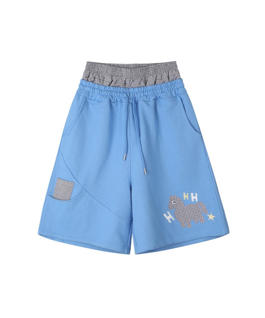 Lujeoseukeulleob [Jamaehwa] Pony Check Layered Bermuda Sweatpants Blue