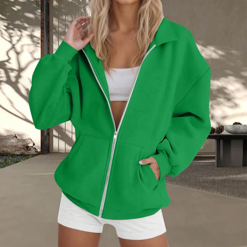 Women's  Fashion Zipper Hoodie Long Sleeve Hooded Pullover Sweatshirt Casual Solid Color Tops With Pockets