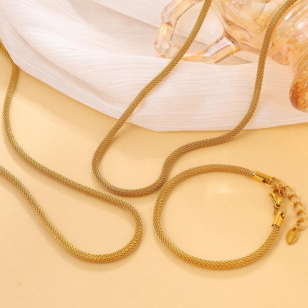 Ins Minimalist Snake Chain Bracelet & Necklace Set, 18K Gold Plated Stainless Steel Layered Clavicle Chain