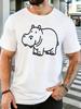 Simple Line Drawing Cute Hippo Graphic Unisexs Crew Neck Short Sleeve Cotton T Shirt Minimalist Wild Animal Print Male Casual Top