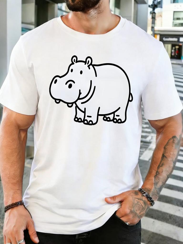 Simple Line Drawing Cute Hippo Graphic Unisexs Crew Neck Short Sleeve Cotton T Shirt Minimalist Wild Animal Print Male Casual Top