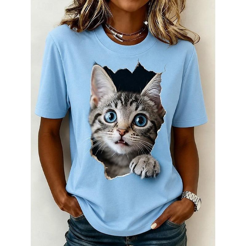 Women's T Shirt Print Graphic Cat Vintage Stylish Modern Short Sleeve Crew Neck Regular Tops Casual Daily Blue White Pink Summer Spring
