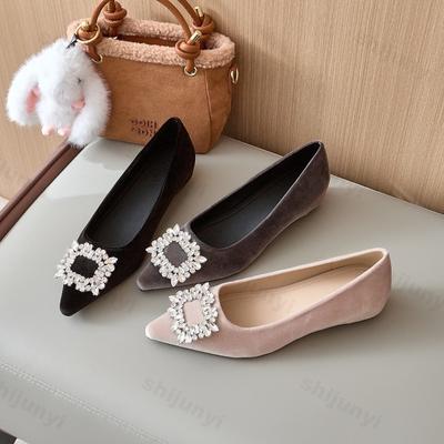 Women's Shoes 2026 Spring New French Pointed Toe Suede Shallow Mouth Flat Shoes Diamond Decorated Elegant Banquet Casual Shoes