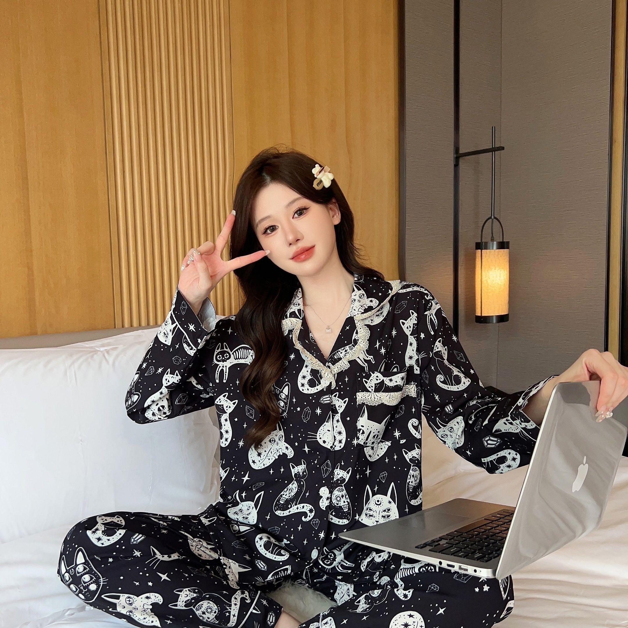 

Свободные ночные рубашки для девочек, женские пижамы на весну и лето, тонкий шелковый комплект для сна, брюки с длинным рукавом, повседневная домашняя одежда, костюм 2XL