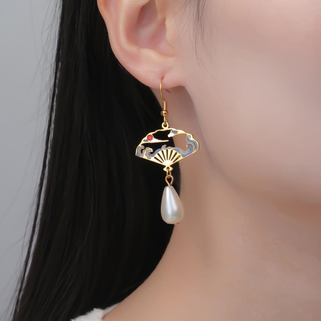 Teamer Enamel Folding Fan Charms Pearl Pendant Earrings For Women Girls Stainless Steel Hoop Earrings Fashion Jewelry Gift New