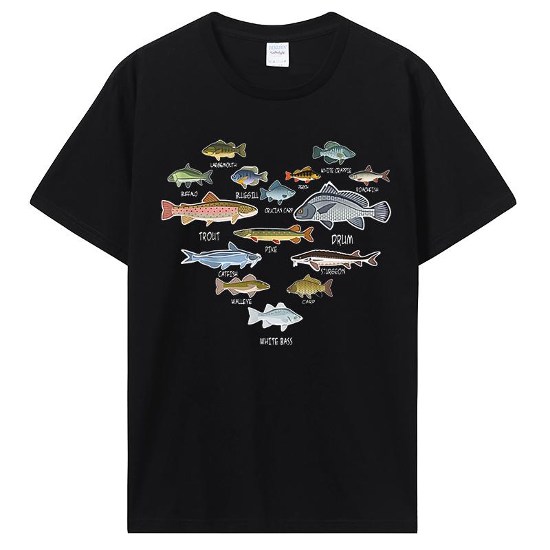 Types Of Freshwater Fish Fishing T Shirts Summer Graphic Cotton Tshirt Oversized Streetwear Bir