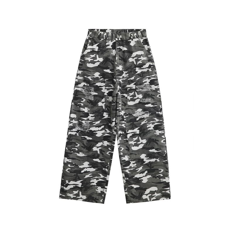 

Men s American Retro Hip-Hop Gray and White Camouflage Cargo Pants, Trendy Design Straight-Leg Casual Wide-Leg Pants Camouflage X L