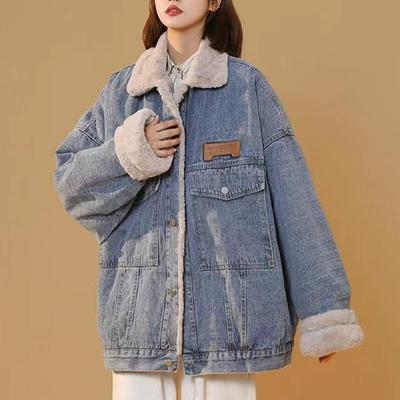 Jaqueta jeans de pelúcia de inverno feminina casual acolchoada jaqueta quente de beisebol acolchoada de algodão