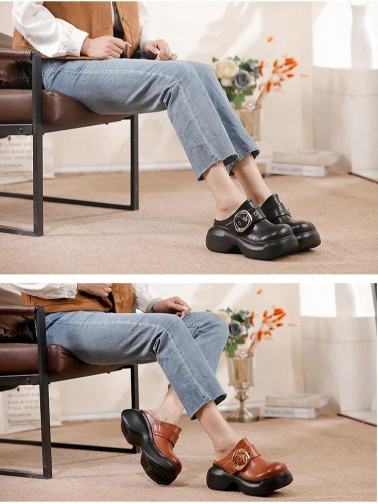Johnature Genuine Leather Round Toe Thick Soled Shoes Retro Belt Buckle Outdoor Platform Slippers