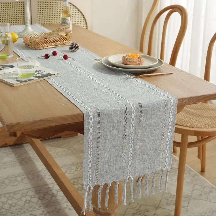 Rustic Farmhouse Style Linen Table Runner, Boho Handmade Tassel, Embroidered Table Runners for Party, Wedding and Dining Decor