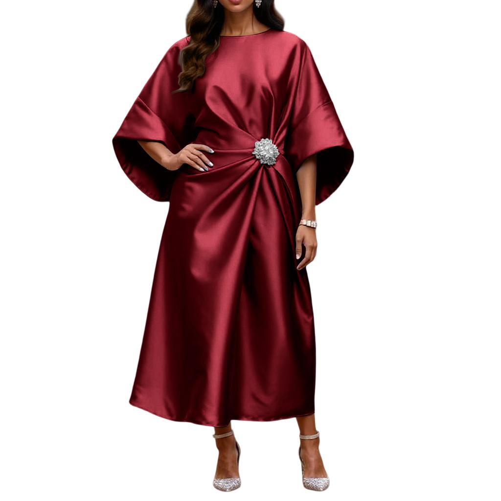 Elegant And Sophisticated Satin Dress With Beaded Floral Embellishments For Women's Commuting.